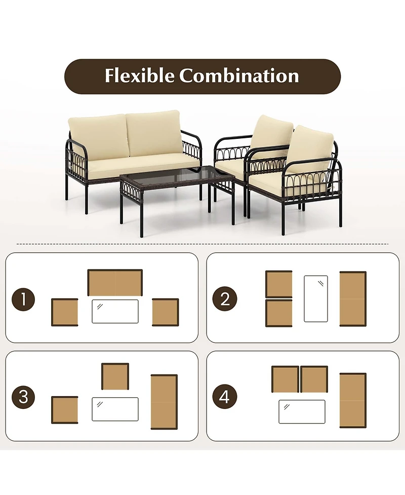 4 Pcs Patio Furniture Set Outdoor Wicker Conversation Bistro Set with Soft Cushions