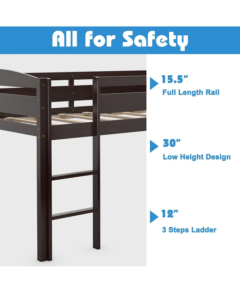 Gymax Twin Loft Bed Wooden Slats Support Frame w/ Ladder & Guardrails Espresso