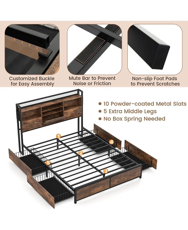 Gymax Queen Size Bed Frame w/ Bookcase Headboard & 4 Storage Drawers Vintage Brown