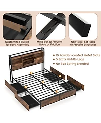 Gymax Queen Size Bed Frame w/ Bookcase Headboard & 4 Storage Drawers Vintage Brown