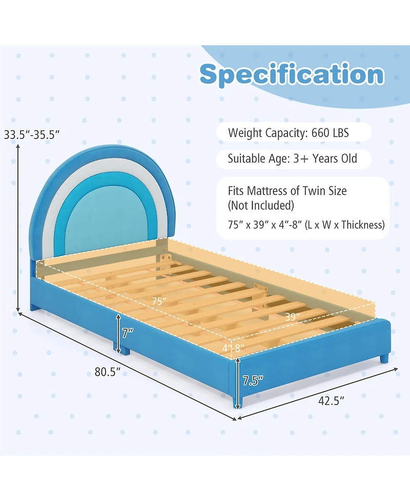 Gymax Kids Twin Platform Bed Frame Upholstered w/ Wooden Slats Support Blue