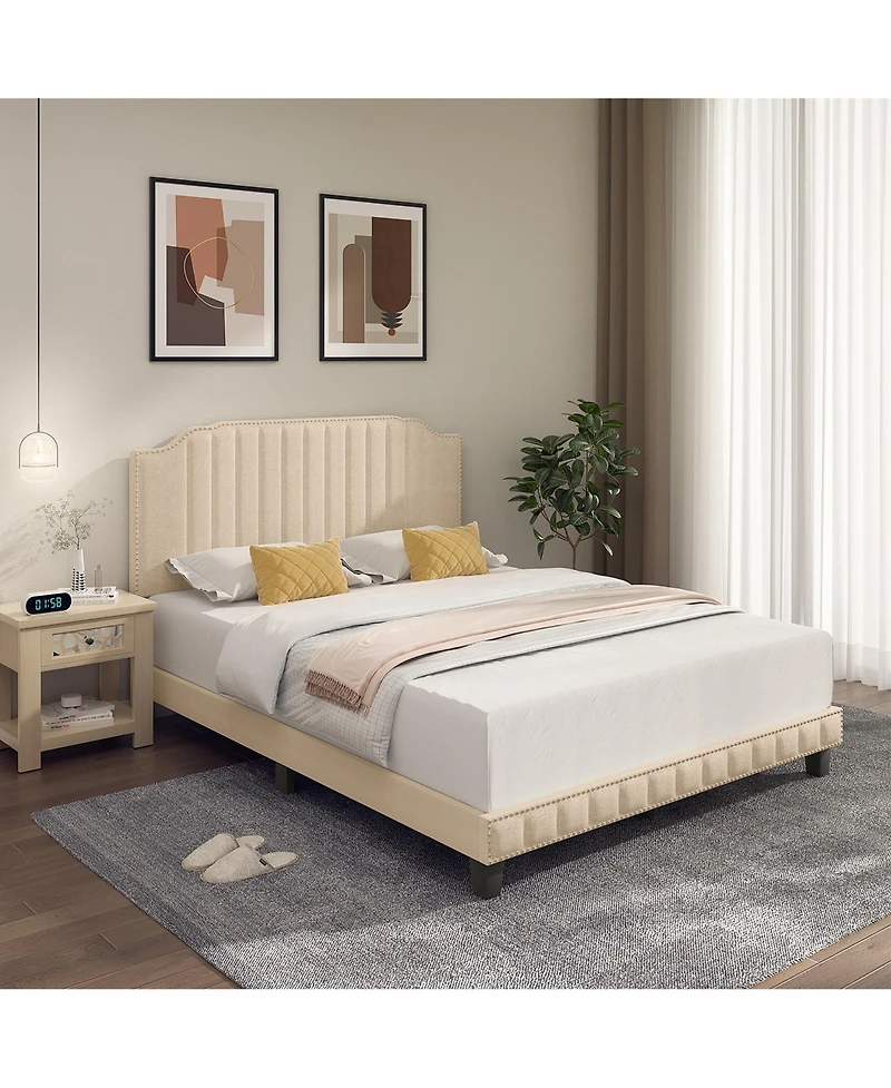 Gymax Queen Upholstered Bed Frame with linen fabric vertical lines Rivets headboard