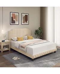 Gymax Queen Upholstered Bed Frame with linen fabric vertical lines Rivets headboard