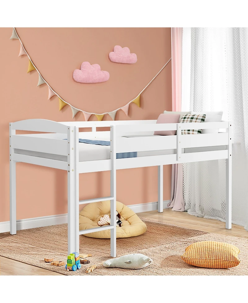 Gymax Twin Loft Bed Wooden Slats Support Frame w/ Ladder & Guardrails Espresso