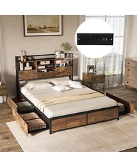 Gymax Full Size Bed Frame w/ Bookcase Headboard & 4 Storage Drawers Vintage Brown