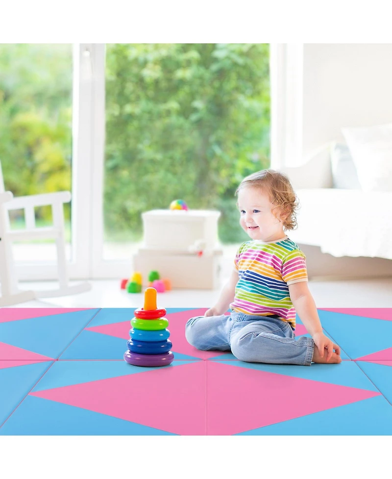 8 Feet Pu Leather Folding Gymnastics Mat with Hook and Loop Fasteners-Pink & Blue