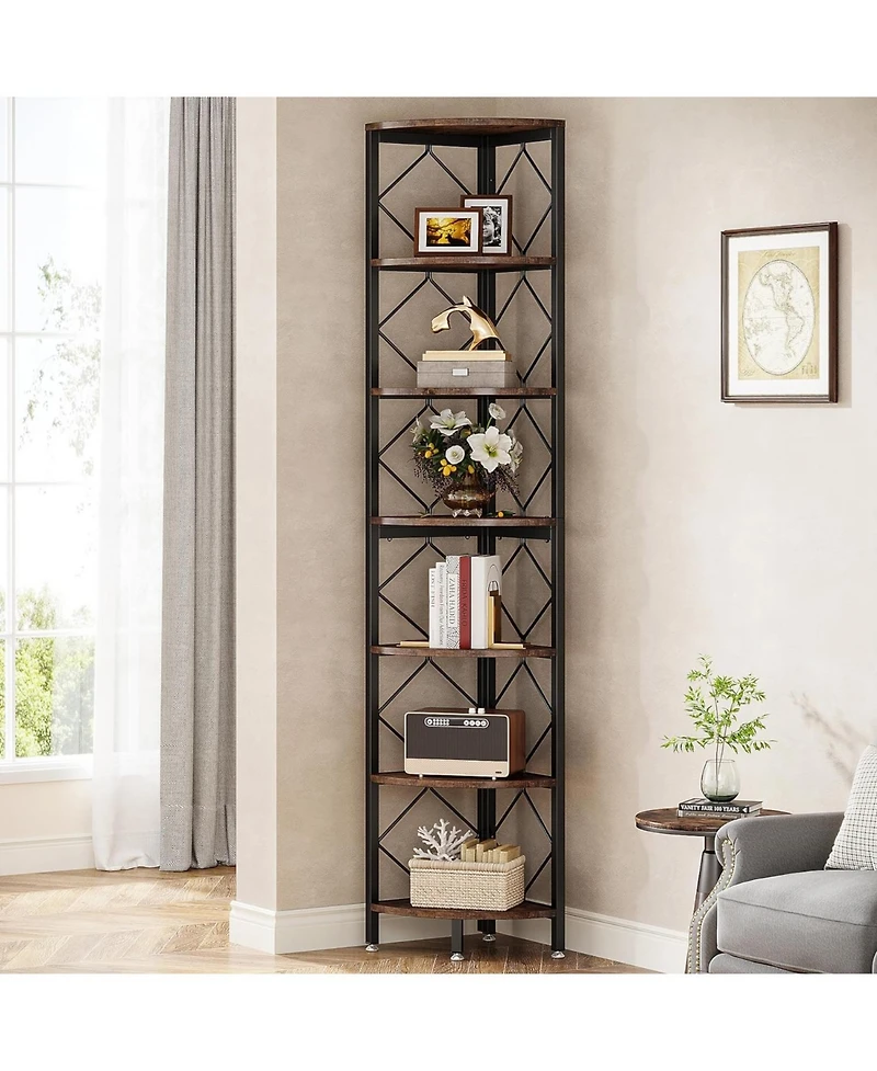 Tribesigns 7-Tier Corner Shelf, 78.7” Extra Tall Corner Bookcase, Industrial Slim Corner Bookshelf for Small Narrow Space, Wood Corner Shelf St