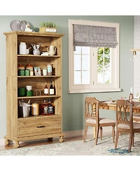 Tribesigns 6-Shelf Bookcase Set of 2, 71 Inch Tall Floor Standing Bookshelf with Drawer and Solid Wood Legs, 6-Tier Large Open Display Storage Book Sh