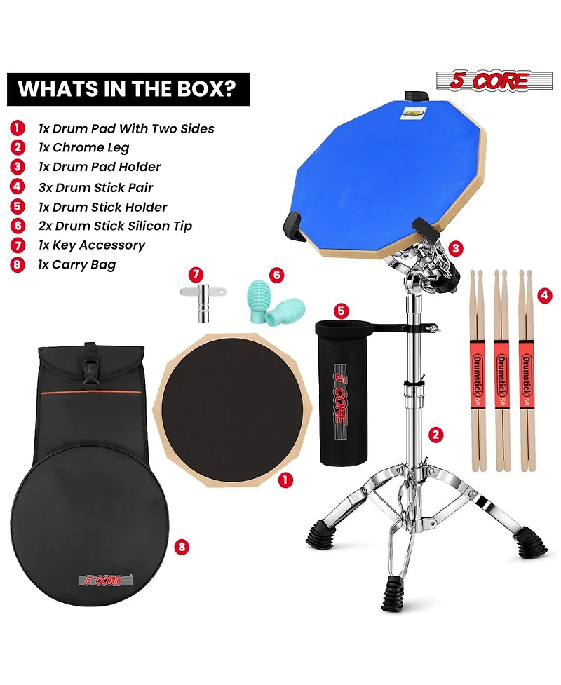 5 Core Drum Practice Pad Set 12" Adjustable Snare Drumming Stand Double Sided Silent Drummer Kit
