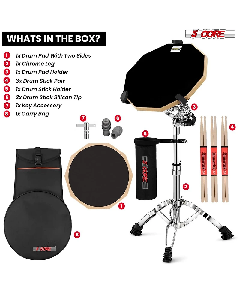5 Core Drum Practice Pad Set 12" Adjustable Snare Drumming Stand Double Sided Silent Drummer Kit