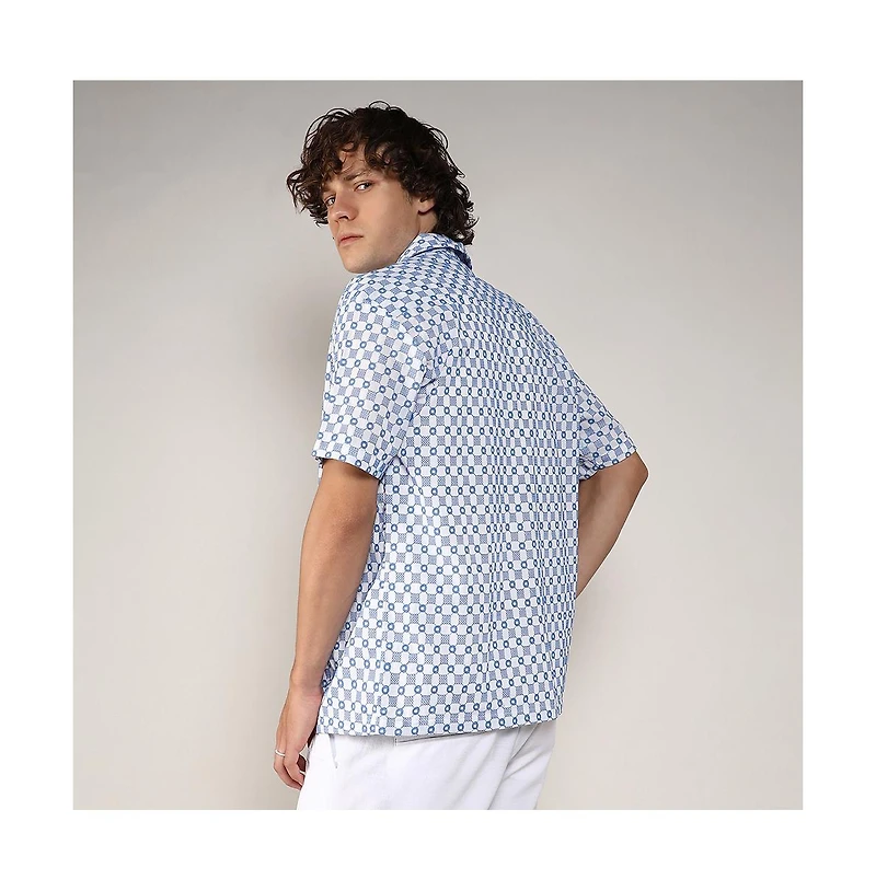 Men's Chalk White & Prussian Blue Embroidered Checkered Shirt