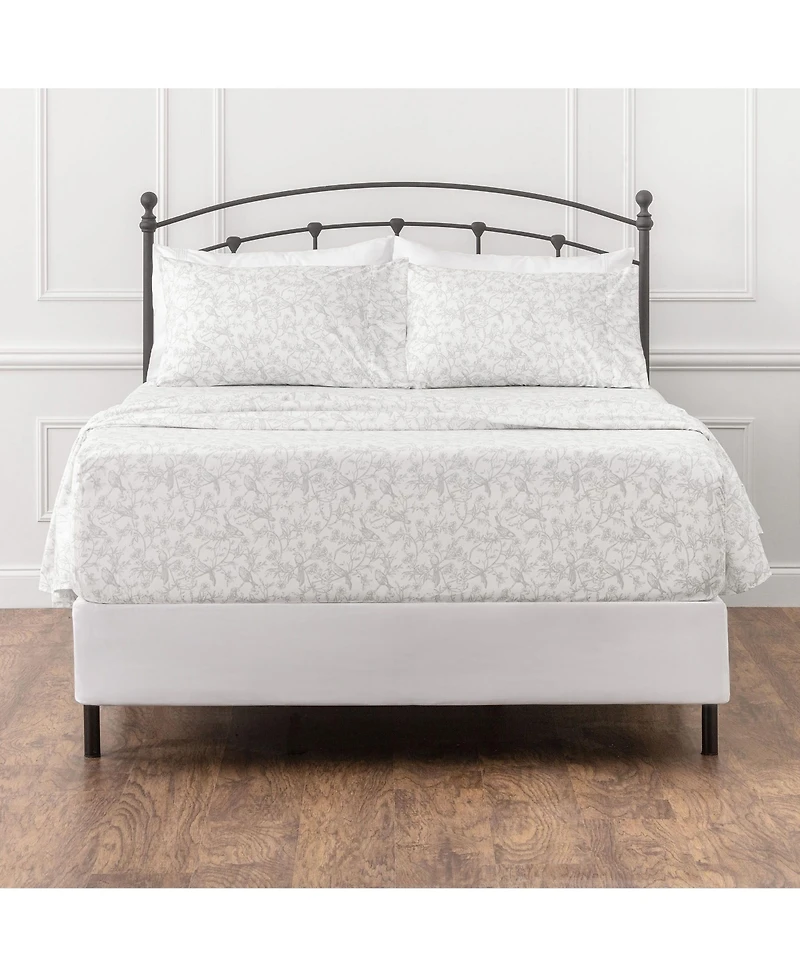 Chanasya Premium Vintage Style Birds Botanical Toile Printed King Bed Sheet Set - 1 Flat Fitted Pillowcase