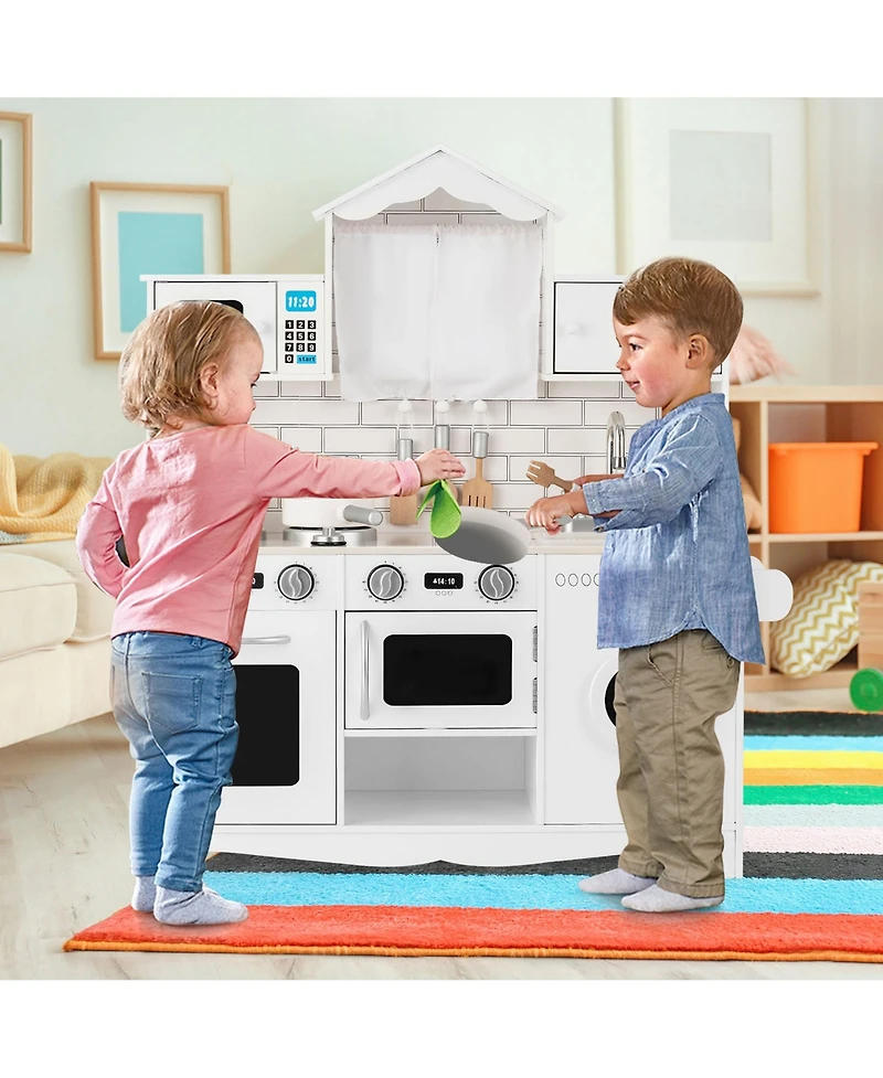 Gymax Kids Play Kitchen Wooden Cooking Pretend Playset Cookware Toddler Gift
