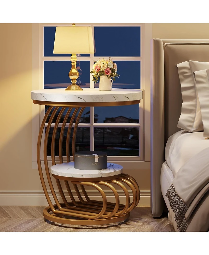 Tribesigns Round End Table: 2 Tiers Faux Marble Side Table with Storage Shelf, Bedside Nightstand, Metal Arc-Shaped Frame Accent Table
