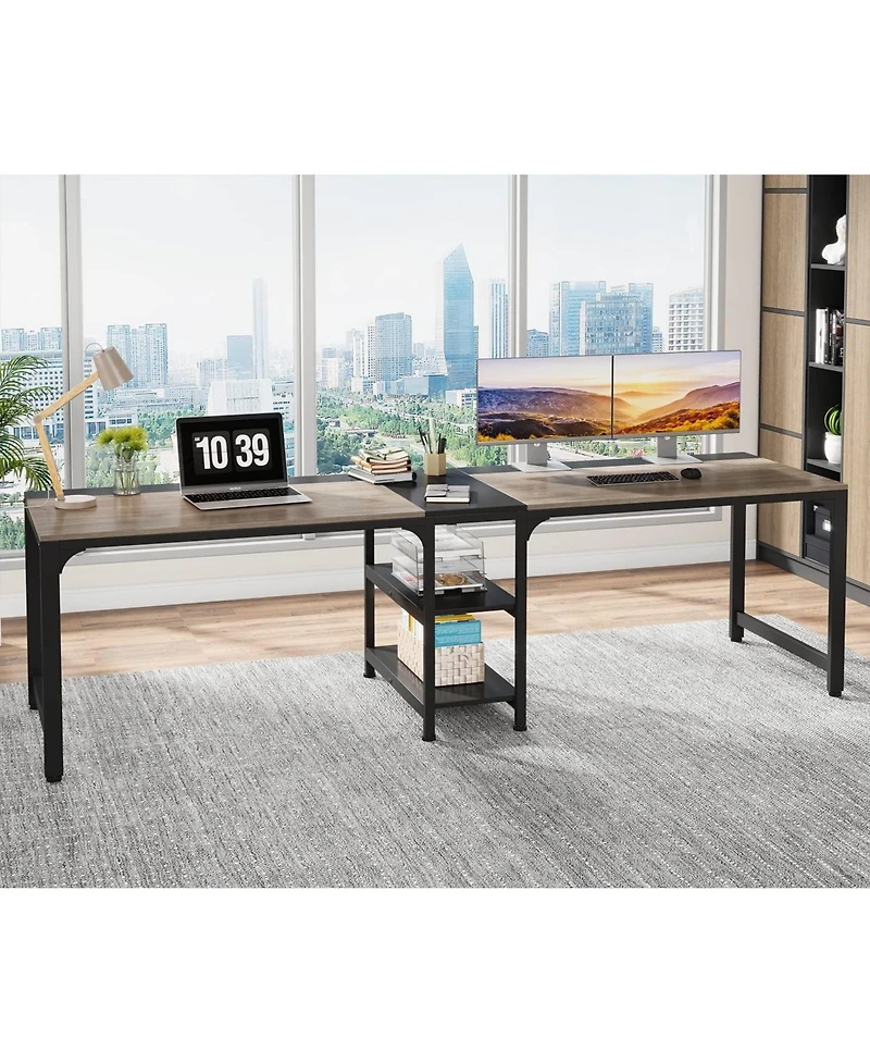 Tribesigns 90.55'' 2 Person Desk with Storage Shelves, Double Computer Desk with Spacious Desktop, Extra Long Study Writing Table Workstation for Home