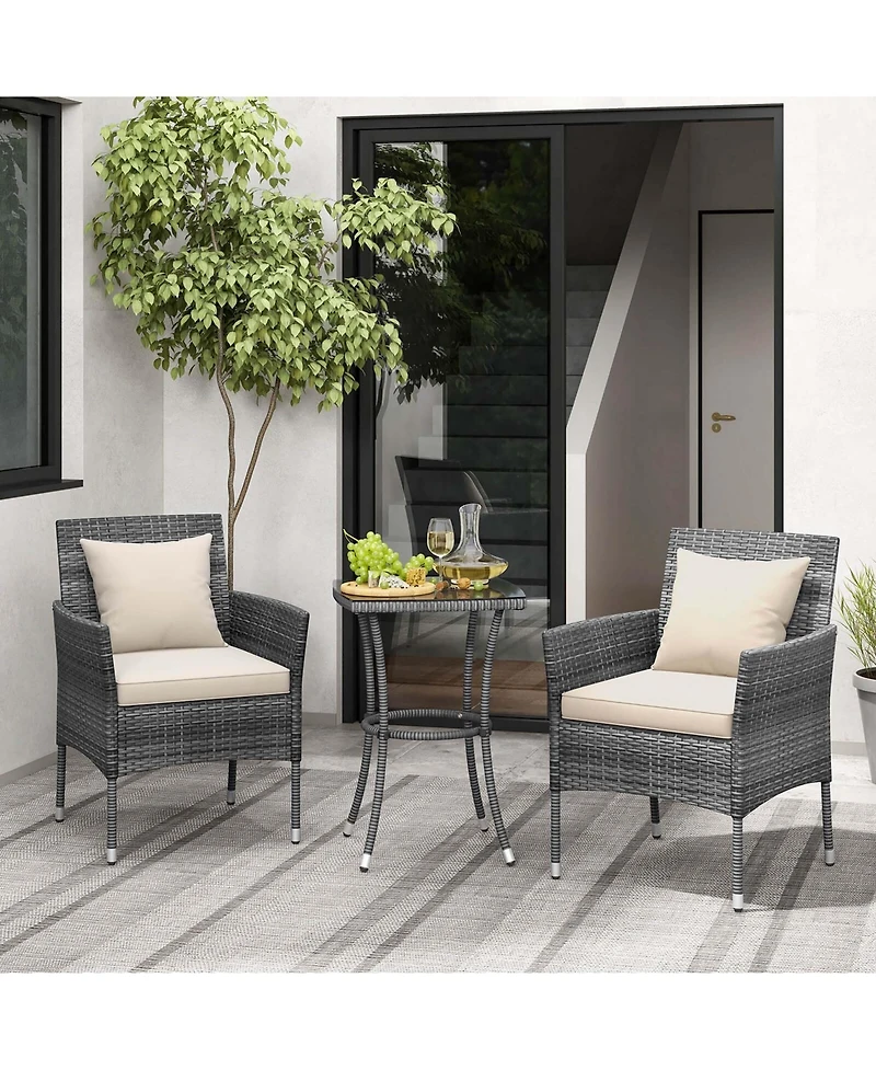 3 Pcs Patio Furniture Set witn Cushioned Chairs & Tempered Glass Coffee Table