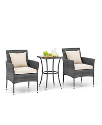 3 Pcs Patio Furniture Set witn Cushioned Chairs & Tempered Glass Coffee Table