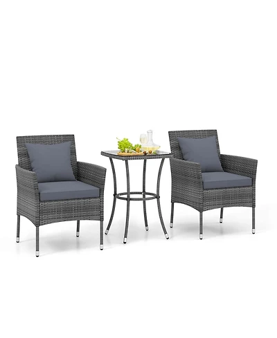 3 Pcs Patio Furniture Set witn Cushioned Chairs & Tempered Glass Coffee Table