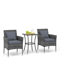 3 Pcs Patio Furniture Set witn Cushioned Chairs & Tempered Glass Coffee Table