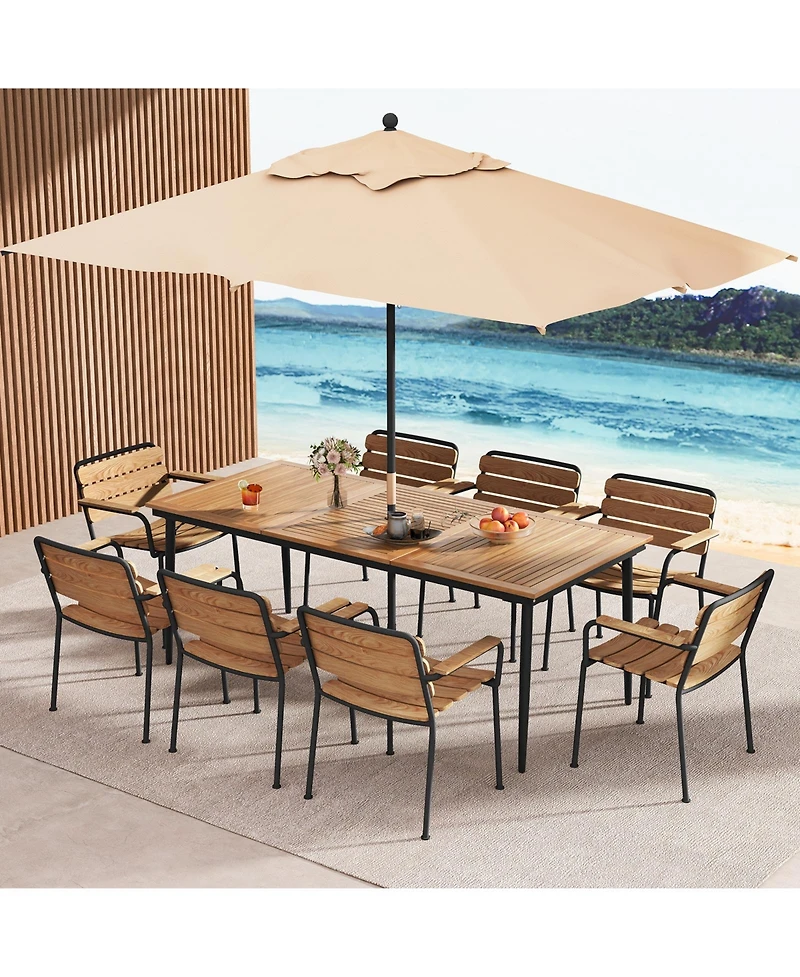 Sugift 79 Inch Acacia Wood Outdoor Dining Table for 8 with 1.9 Inch Umbrella Hole