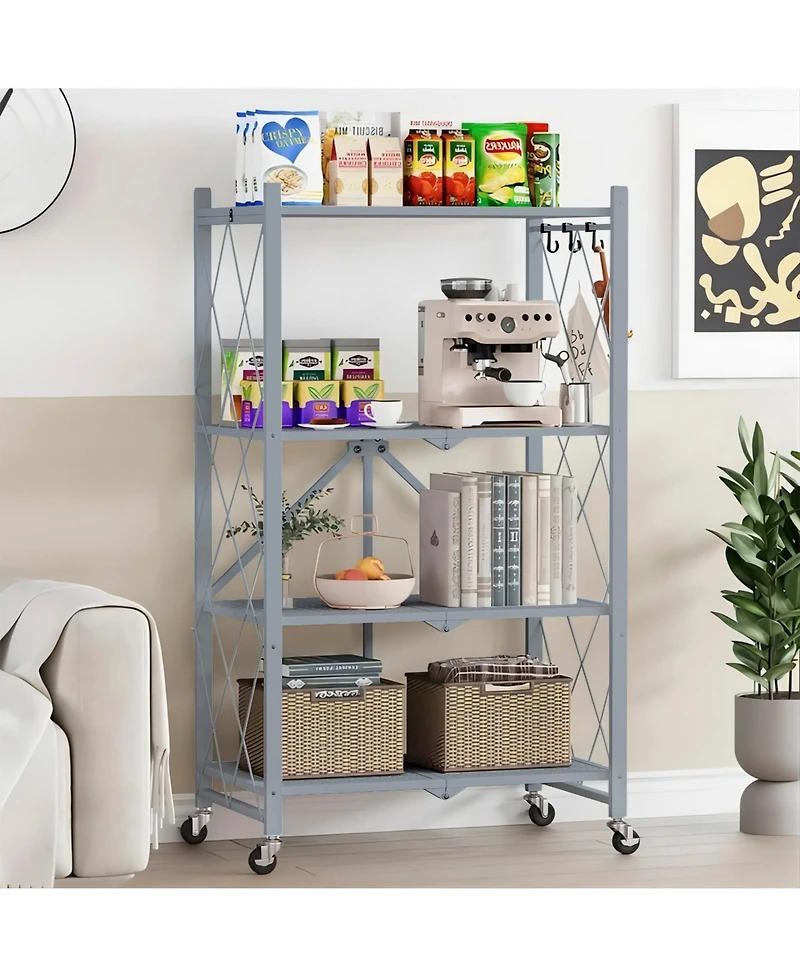 Sugift 4-Tier Folding Storage Shelves Metal Folding Shelves with Wheels, 600Lbs Capacity, Grey