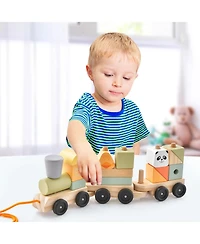 Kids Wooden Train Set Toddler 3-Section Toy Train with Stackable Building Blocks