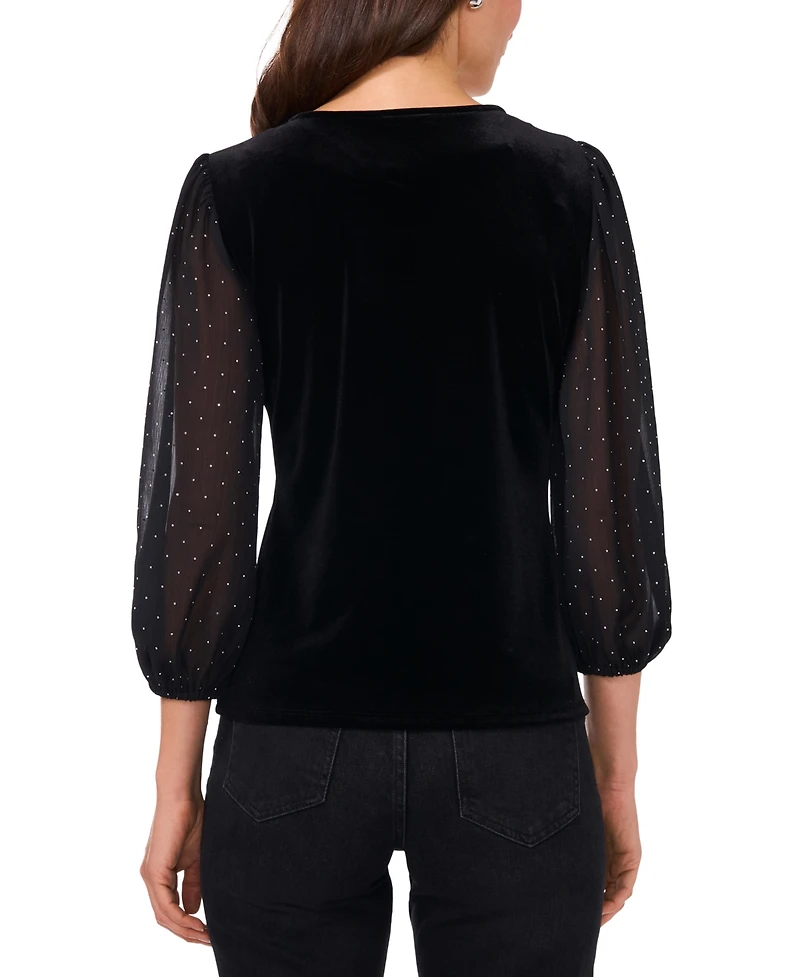 Vince Camuto Women's Velvet V-Neck Sheer-Sleeve Top