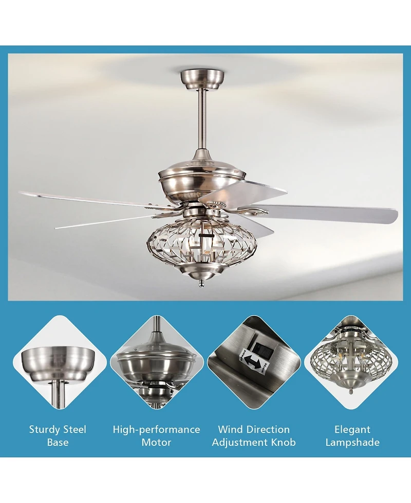 52 Inches Ceiling Fan with Wooden Blades and Remote Control-Silver