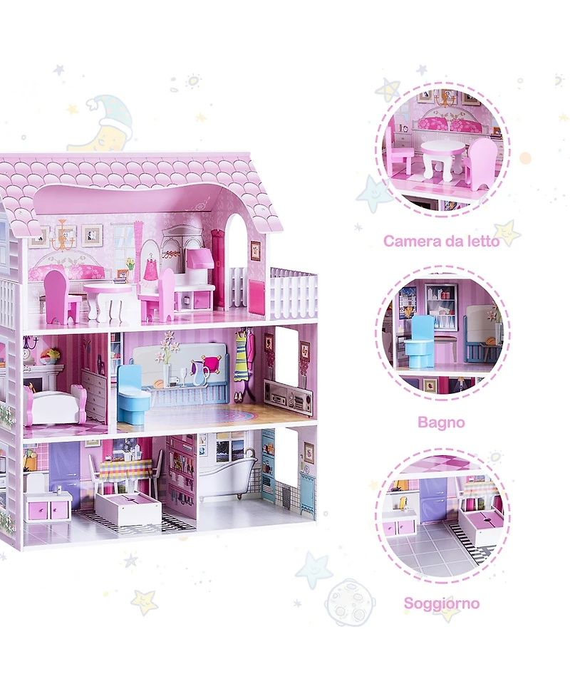 Gymax 28'' Pink Dollhouse w/ Furniture Gliding Elevator Rooms 3 Levels Young Girls Toy