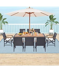 Costway 9 Pieces Patio Rattan Dining Set with Acacia Wood Table, 1.9" Umbrella Hole