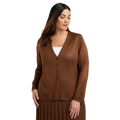 June + Vie Women's Plus Button-Sleeve Cardigan