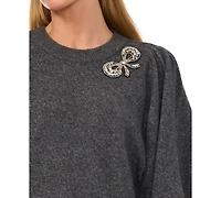 CeCe Women's Rhinestone Bow Crew Neck Sweater