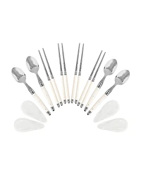 French Home Faux Ivory Chopsticks, Laguiole Spoons and Ceramic Rests, Set of 4 Pairs