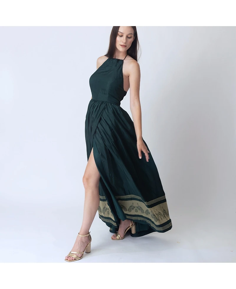Raas Women's Green Silk Maxi Dress with Golden Weaving Border