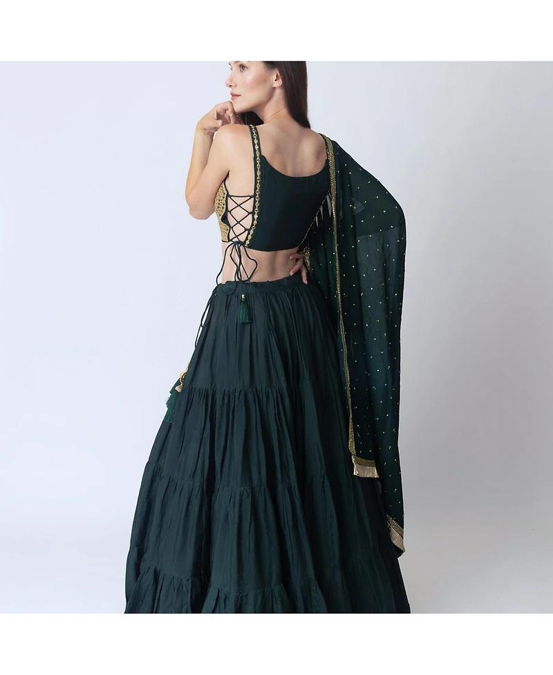 Raas Women's Green and Gold Lehenga Choli Set with Mirror Work Blouse Embellished Dupatta