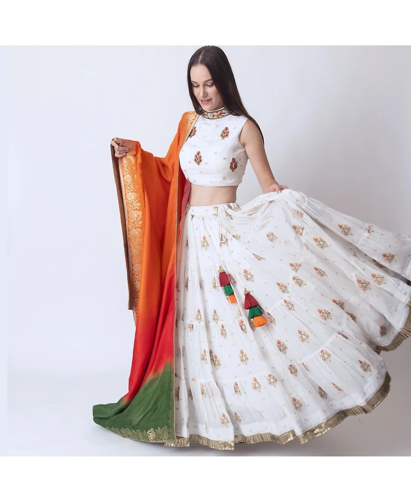 Raas Women's White Lehenga With Embroidered High Neck Choli and Multicolor Dupatta