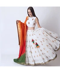 Raas Women's White Lehenga With Embroidered High Neck Choli and Multicolor Dupatta