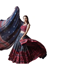 Raas Women's Blue and Red Bandhani Ajrakh Print Lehenga Choli