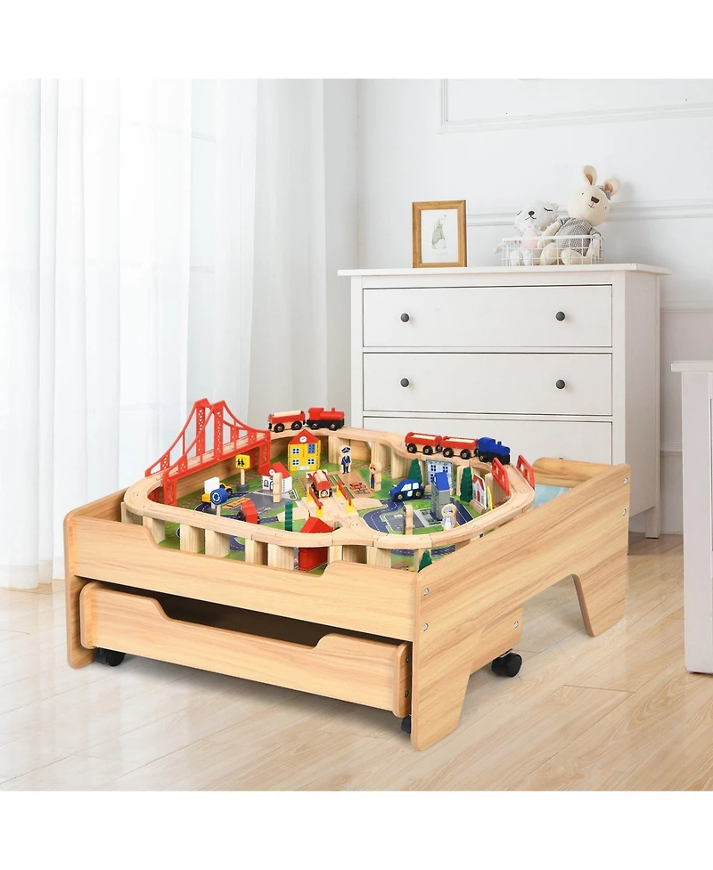 Sugift Children's Wooden Railway Set Table with 100 Pieces Storage Drawers