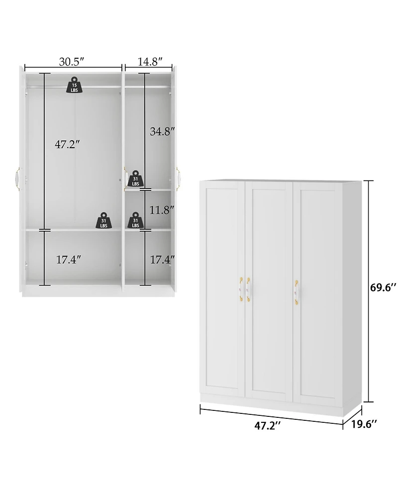 Famapy White 3-Doors Armoires Wardrobe with Hanging Rod and Storage Cubes