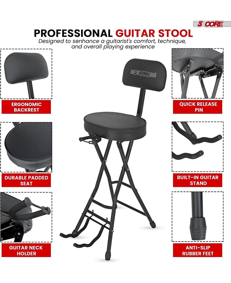 5Core Guitar Stool Adjustable Backrest Piano Chair 3.15" Padded Seat Music Stand