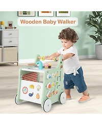 Costway 6-in-1 Baby Push Walker Wooden Strollers Learning Activity Center Toy with Kitchen