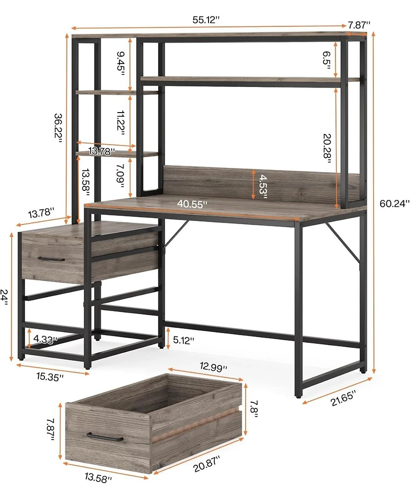Tribesigns 55 Inch Computer Desk with 2 Drawers and Storage Shelves, Rustic Office Hutch, Study Writing Gaming Table Laptop Workstation
