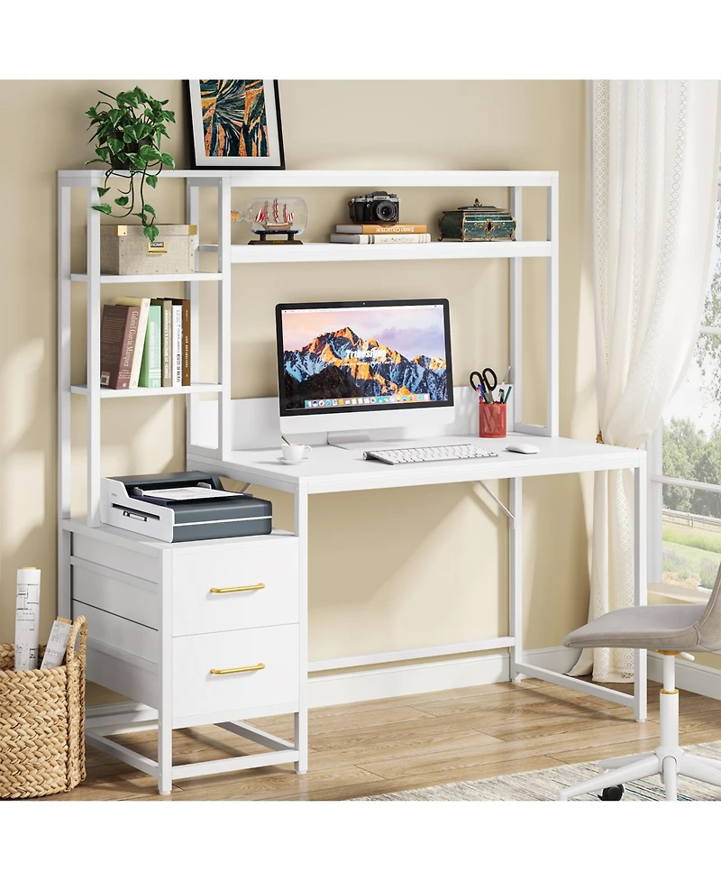 Tribesigns 55 Inch Computer Desk with 2 Drawers and Storage Shelves, Rustic Office Desk with Hutch, Study Writing Gaming Table Laptop Workstation
