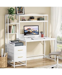 Tribesigns 55 Inch Computer Desk with 2 Drawers and Storage Shelves, Rustic Office Desk with Hutch, Study Writing Gaming Table Laptop Workstation