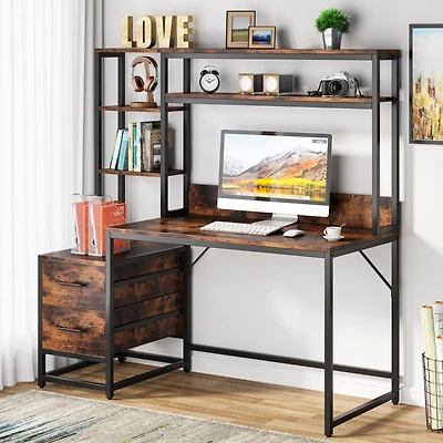 Tribesigns 55 Inch Computer Desk with 2 Drawers and Storage Shelves, Rustic Office Hutch, Study Writing Gaming Table Laptop Workstation for