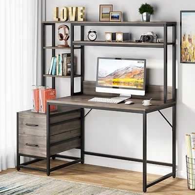 Tribesigns 55 Inch Computer Desk with 2 Drawers and Storage Shelves, Rustic Office Hutch, Study Writing Gaming Table Laptop Workstation
