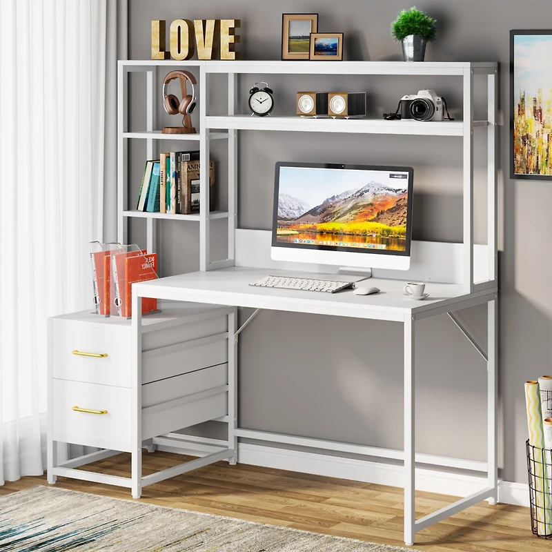 Tribesigns 55 Inch Computer Desk with 2 Drawers and Storage Shelves, Rustic Office Desk with Hutch, Study Writing Gaming Table Laptop Workstation