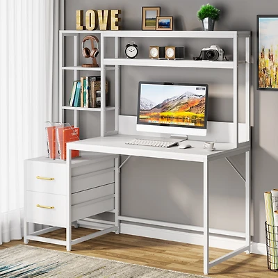 Tribesigns 55 Inch Computer Desk with 2 Drawers and Storage Shelves, Rustic Office Desk with Hutch, Study Writing Gaming Table Laptop Workstation