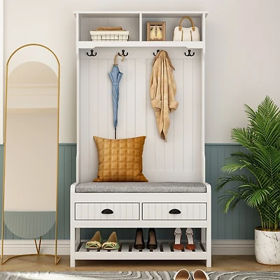 Famapy 68.5 in. White Wood 3-in-1 Hall Tree Coat Rack Storage Bench with 4-Metal Double Hooks and 2-Drawers, Shelves
